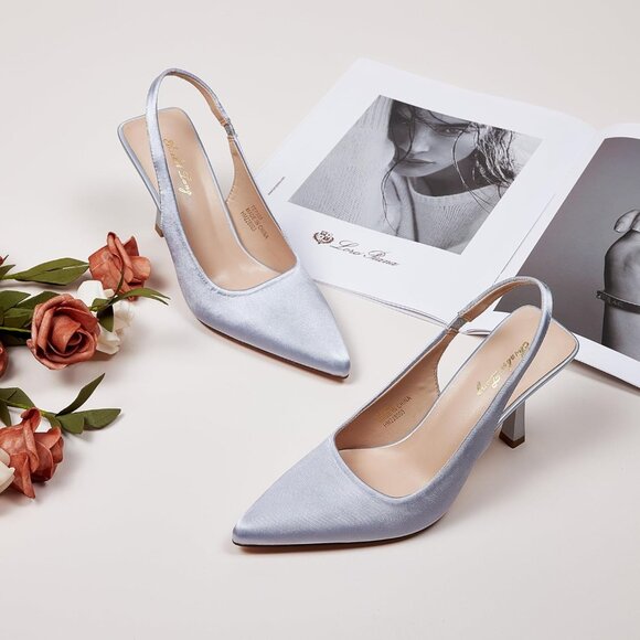 Women Silver Satin Pointed Closed Toe Slingback Mid Heels Stiletto Trendy Pumps - Picture 4 of 9